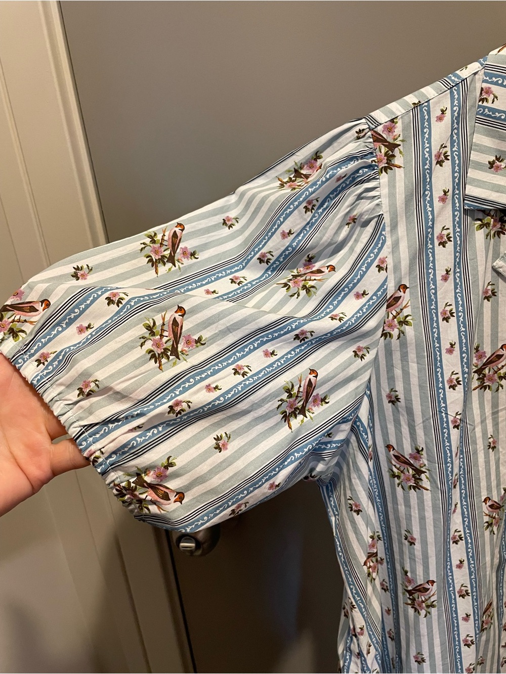 Anthropologie Light Blue Striped Floral And Bird Tie-Front Mini Dress NWOT - Picture 5 of 11